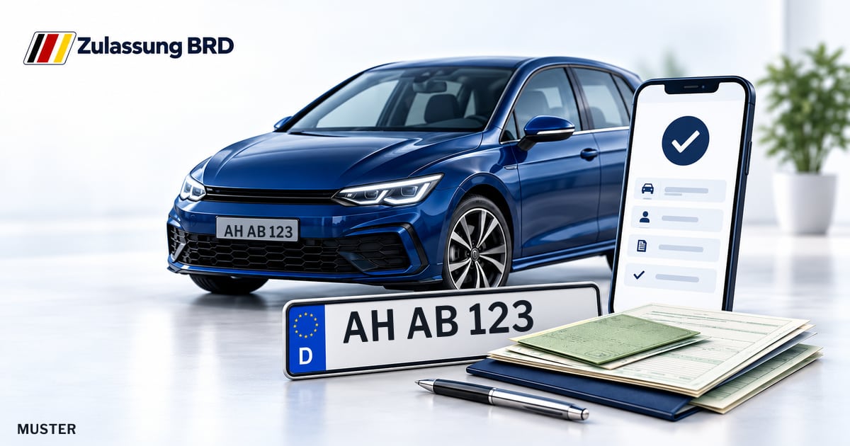 Online Fahrzeugzulassung in Gescher: Musterkennzeichen AH AB 123, Auto und Fahrzeugpapiere und Smartphone. Illustration mit Logo von Zulassung BRD.